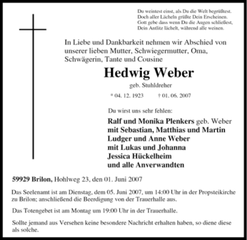 Traueranzeige von Hedwig Weber von Tageszeitung