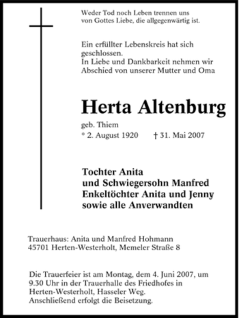 Traueranzeige von Herta Altenburg von Tageszeitung