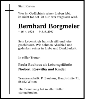 Traueranzeige von Bernhard Borgmeier von Tageszeitung