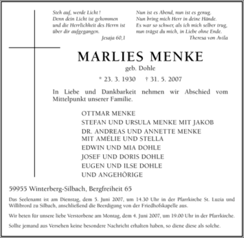 Traueranzeige von Marlies Menke von Tageszeitung