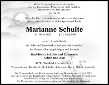 Traueranzeige von Marianne Schulte von Tageszeitung