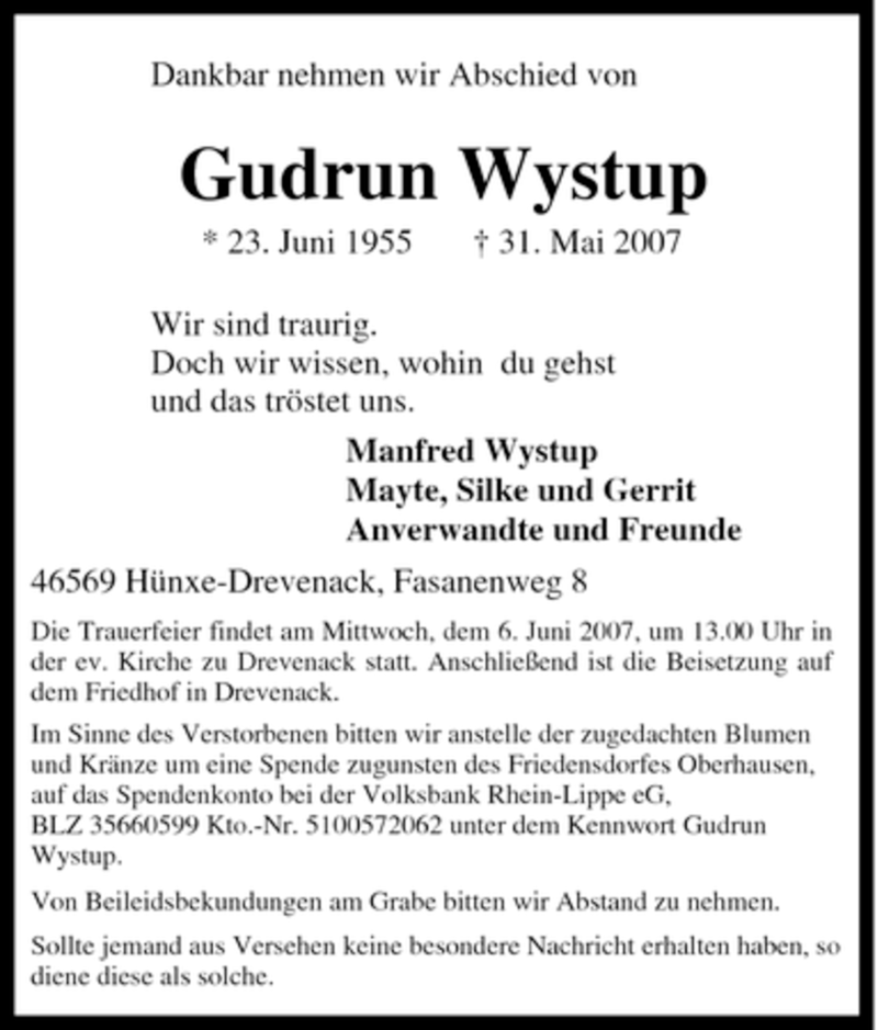  Traueranzeige für Gudrun Wystup vom 02.06.2007 aus Tageszeitung
