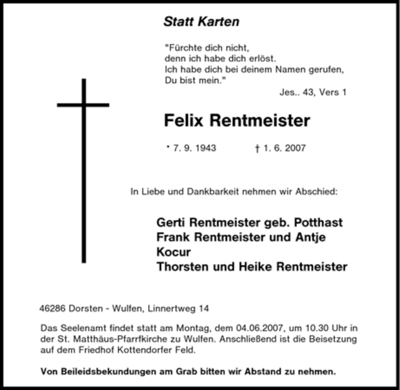  Traueranzeige für Felix Rentmeister vom 02.06.2007 aus Tageszeitung