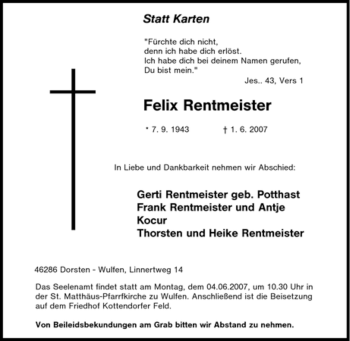 Traueranzeige von Felix Rentmeister von Tageszeitung