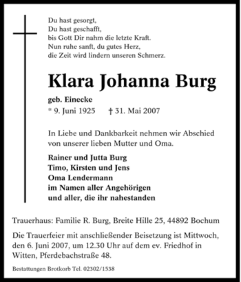 Traueranzeige von Klara Johanna Burg von Tageszeitung