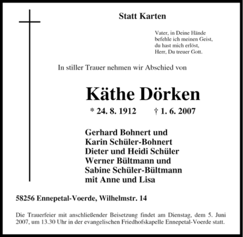  Traueranzeige für Käthe Dörken vom 02.06.2007 aus Tageszeitung