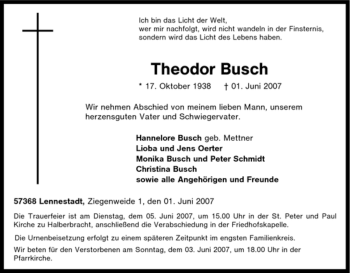 Traueranzeige von Theodor Busch von Tageszeitung