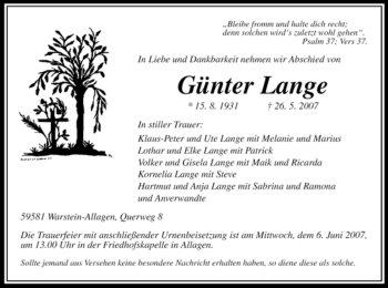 Traueranzeige von Günter Lange von Tageszeitung