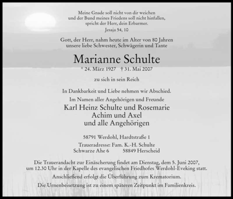  Traueranzeige für Marianne Schulte vom 02.06.2007 aus Tageszeitung