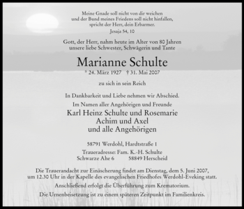 Traueranzeige von Marianne Schulte von Tageszeitung
