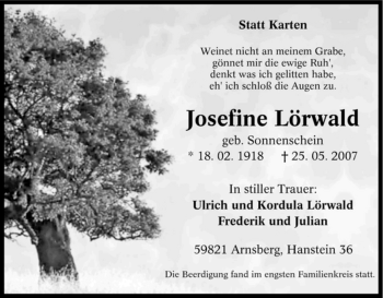 Traueranzeige von Josefine Lörwald von Tageszeitung