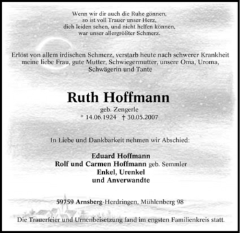 Traueranzeige von Ruth Hoffmann von Tageszeitung