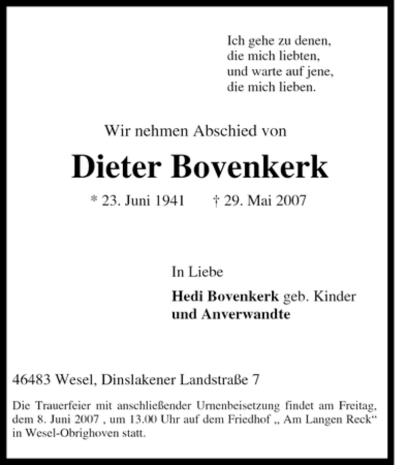  Traueranzeige für Dieter Bovenkerk vom 04.06.2007 aus Tageszeitung