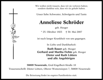 Traueranzeige von Anneliese Schröder von Tageszeitung
