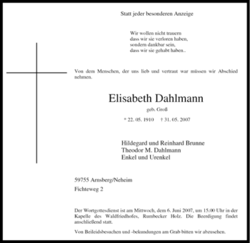 Traueranzeige von Elisabeth Dahlmann von Tageszeitung