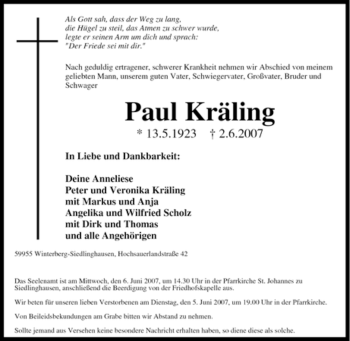 Traueranzeige von Paul Kräling von Tageszeitung