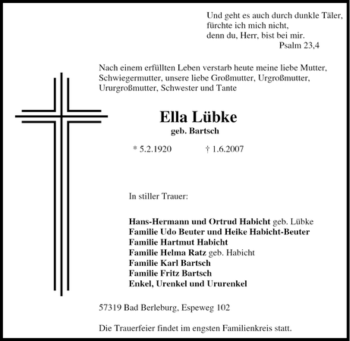 Traueranzeige von Ella Lübke von Tageszeitung