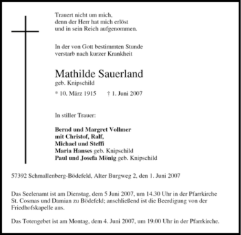 Traueranzeige von Mathilde Sauerland von Tageszeitung