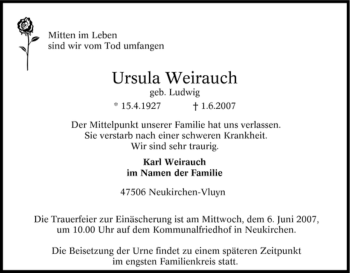 Traueranzeige von Ursula Weirauch von Tageszeitung