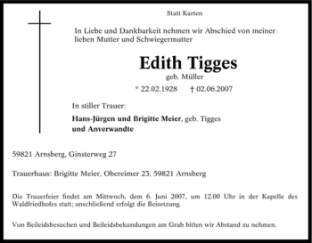 Traueranzeige von Edith Tigges von Tageszeitung