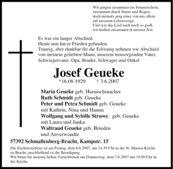 Traueranzeige von Josef Geueke von Tageszeitung
