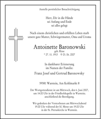 Traueranzeige von Antoinette Baronowski von Tageszeitung