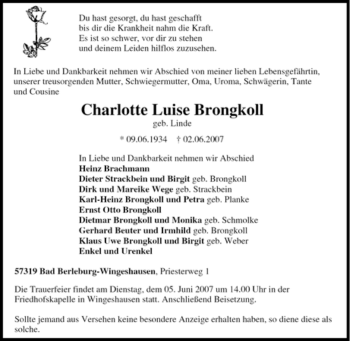 Traueranzeige von Charlotte Luise Brongkoll von Tageszeitung
