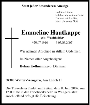 Traueranzeige von Emmeline Hautkappe von Tageszeitung