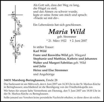 Traueranzeige von Maria Wild von Tageszeitung