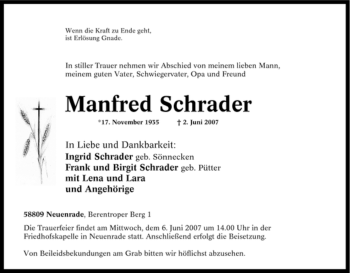 Traueranzeige von Manfred Schrader von Tageszeitung
