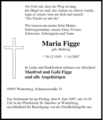 Traueranzeige von Maria Figge von Tageszeitung