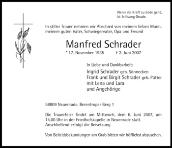 Traueranzeige von Manfred Schrader von Tageszeitung