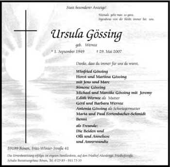 Traueranzeige von Ursula Gössing von Tageszeitung