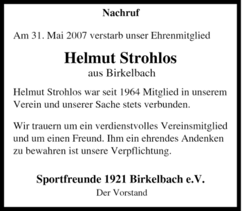 Traueranzeige von Helmut Strohlos von Tageszeitung