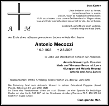 Traueranzeige von Antonio Mecozzi von Tageszeitung