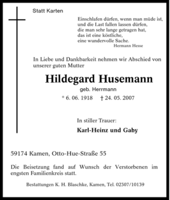 Traueranzeige von Hildegard Husemann von Tageszeitung