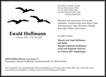 Traueranzeige von Ewald Hoffmann von Tageszeitung