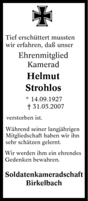Traueranzeige von Helmut Strohlos von Tageszeitung