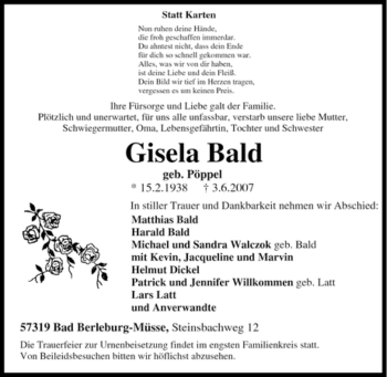 Traueranzeige von Gisela Bald von Tageszeitung