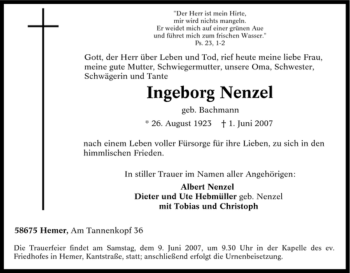 Traueranzeige von Ingeborg Nenzel von Tageszeitung