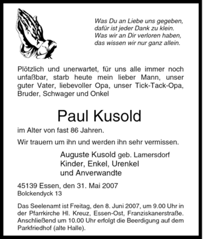  Traueranzeige für Paul Kusold vom 05.06.2007 aus Tageszeitung