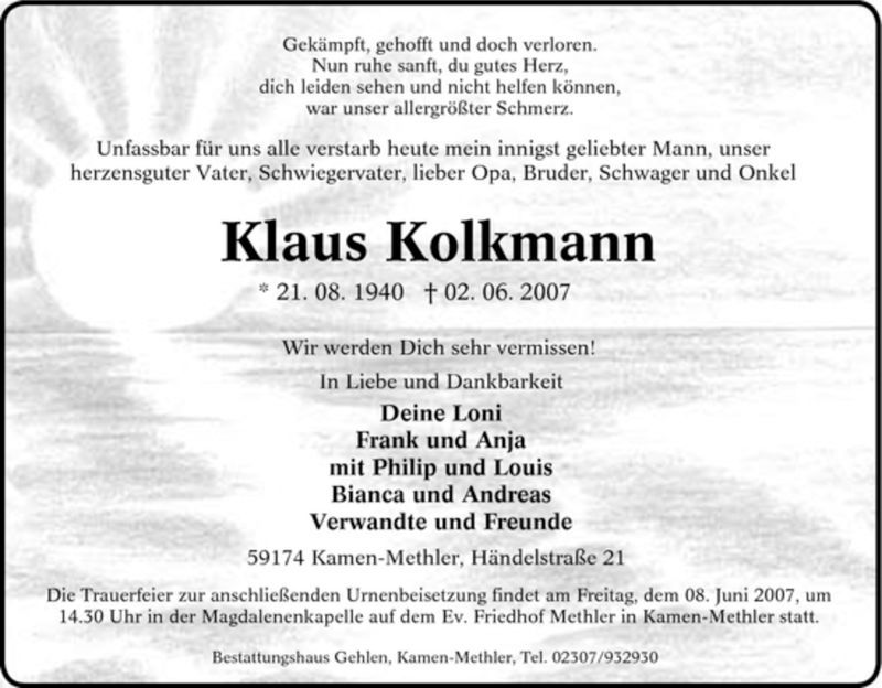  Traueranzeige für Klaus Kolkmann vom 05.06.2007 aus Tageszeitung