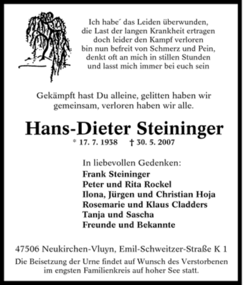 Traueranzeige von Hans-Dieter Steininger von Tageszeitung