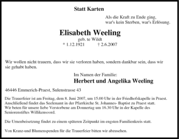 Traueranzeige von Elisabeth Weeling von Tageszeitung