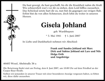 Traueranzeige von Gisela Johland von Tageszeitung