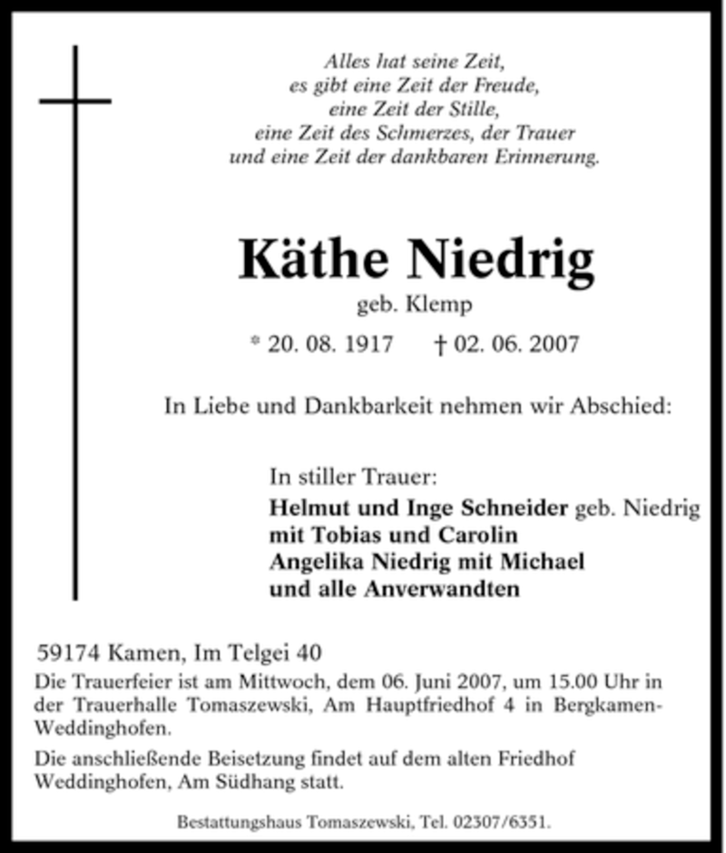  Traueranzeige für Käthe Niedrig vom 05.06.2007 aus Tageszeitung