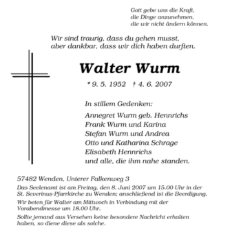 Traueranzeige von Walter Wurm von Tageszeitung