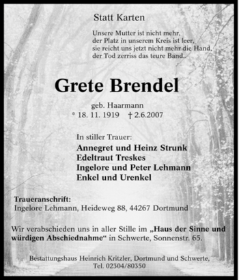 Traueranzeige von Grete Brendel von Tageszeitung