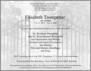 Traueranzeige von Elisabeth Trompetter von Tageszeitung