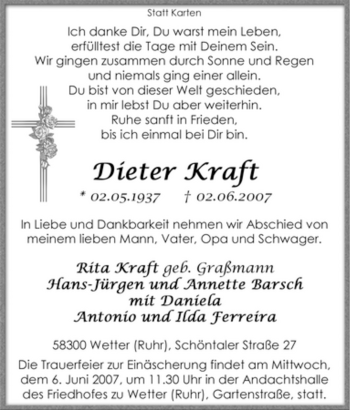 Traueranzeige von Dieter Kraft von Tageszeitung
